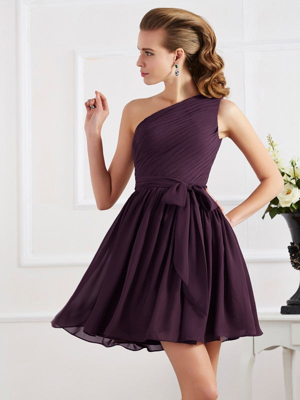 Wholesale A-Line/Princess Pleats One-Shoulder Sleeveless Short Chiffon Bridesmaid Dresses